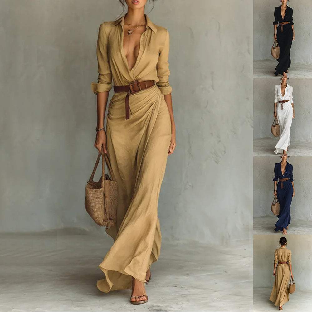 Robe chemise longue irrégulière avec ceinture – Revers, manches longues, style bureau