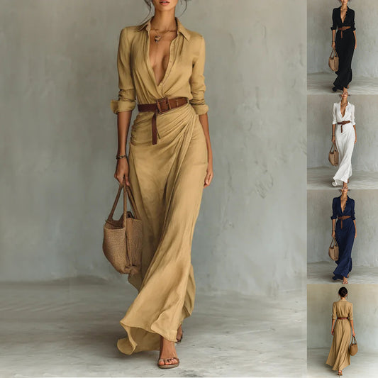 Robe chemise longue irrégulière avec ceinture – Revers, manches longues, style bureau