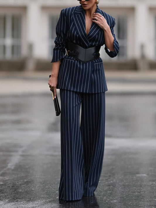 Ensemble 3 pièces blazer rayé élégant & pantalon taille haute