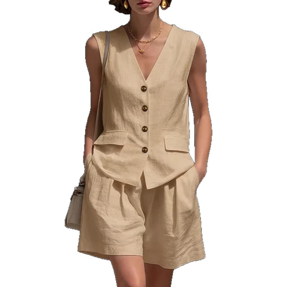 Ensemble Femme Deux Pièces Gilet Sans Manches et Short en Coton-Lin
