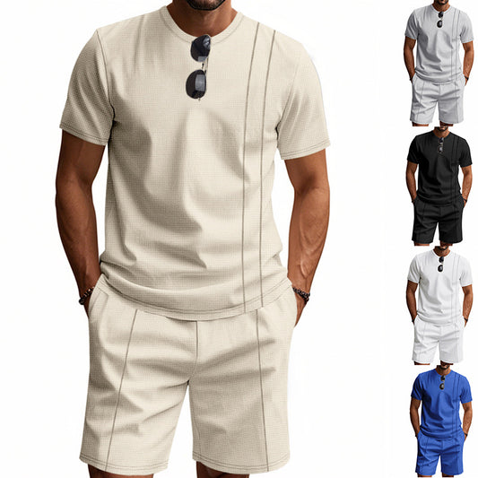 Ensemble T-shirt Col Rond & Short Homme – Tissu Gaufré, Manches Courtes