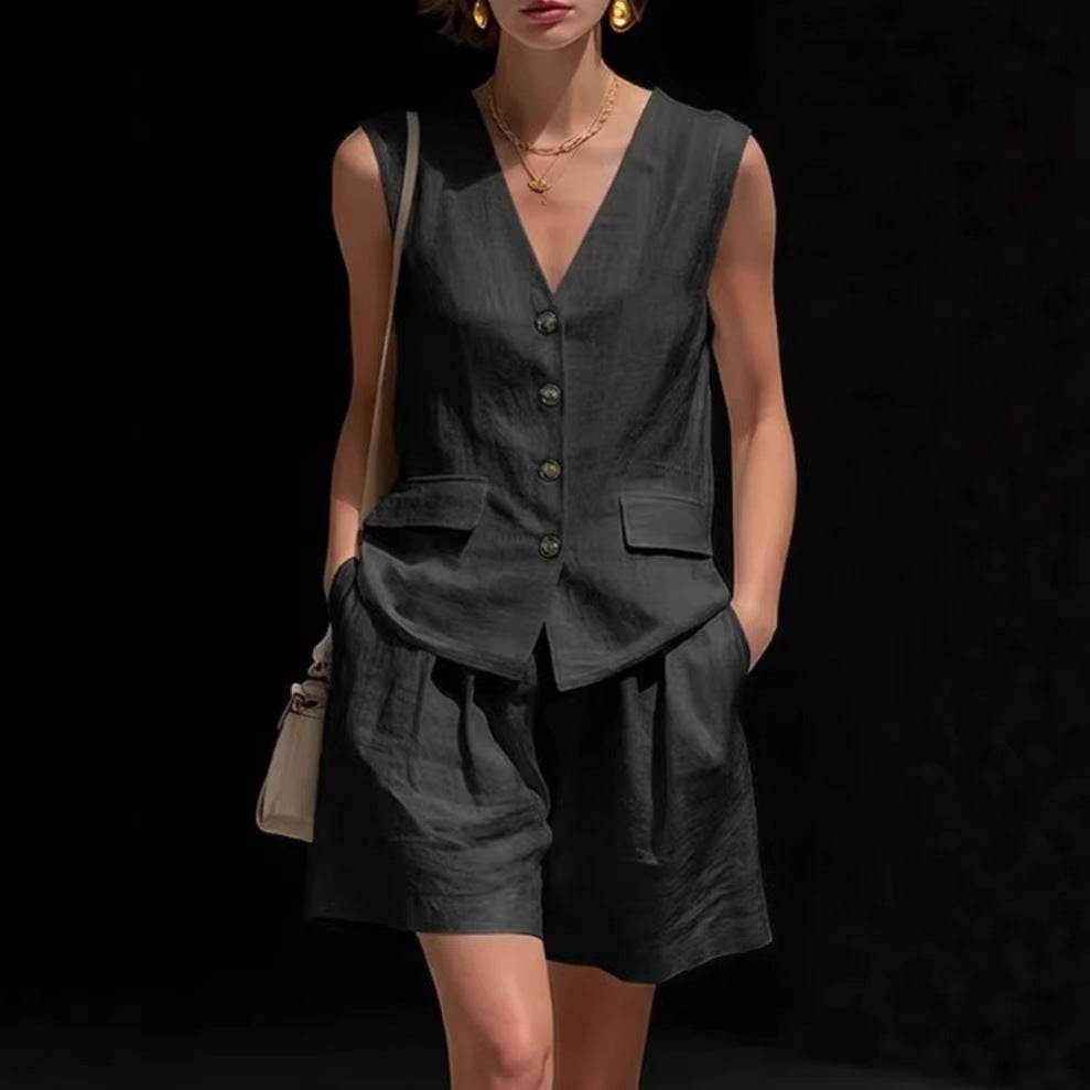 Ensemble Femme Deux Pièces Gilet Sans Manches et Short en Coton-Lin