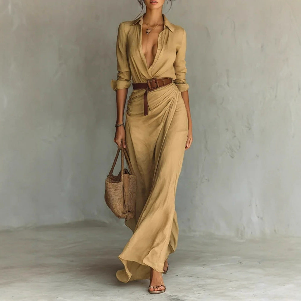 Robe chemise longue irrégulière avec ceinture – Revers, manches longues, style bureau