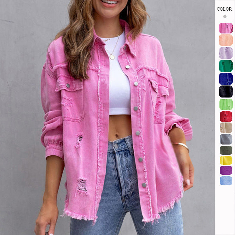 Veste chemise déchirée femme – Style casual printemps-automne