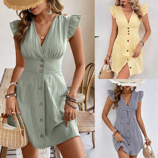 Robe chemise de plage style estival – Col V, manches volantes & imprimé rayures