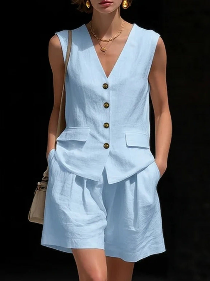 Ensemble Femme Deux Pièces Gilet Sans Manches et Short en Coton-Lin