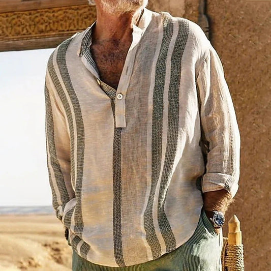 Chemise casual homme en lin à rayures et col montant – Légère et respirante