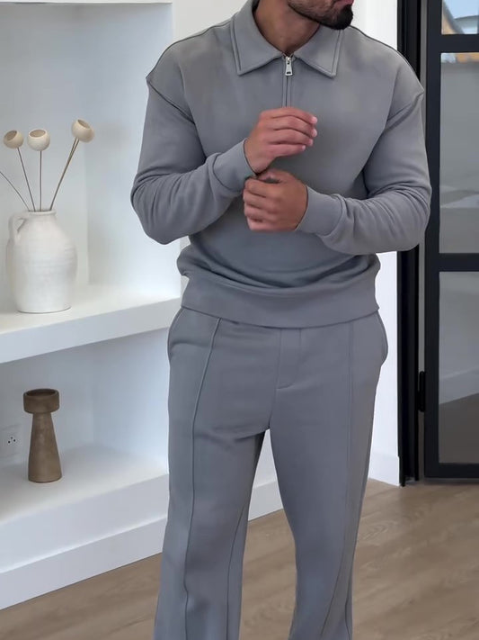 Ensemble sweat col polo demi-zip & pantalon slim évasé – Style sport chic