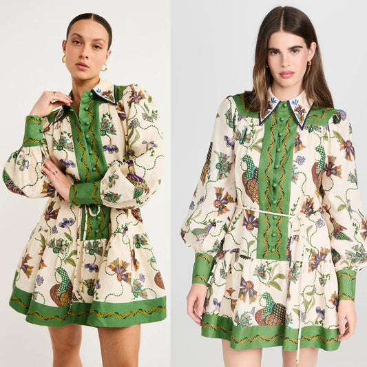 Robe chemise à manches longues imprimée – Col revers élégant