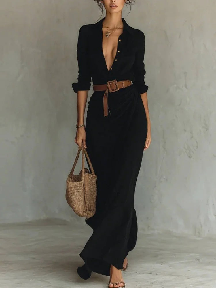 Robe chemise longue irrégulière avec ceinture – Revers, manches longues, style bureau