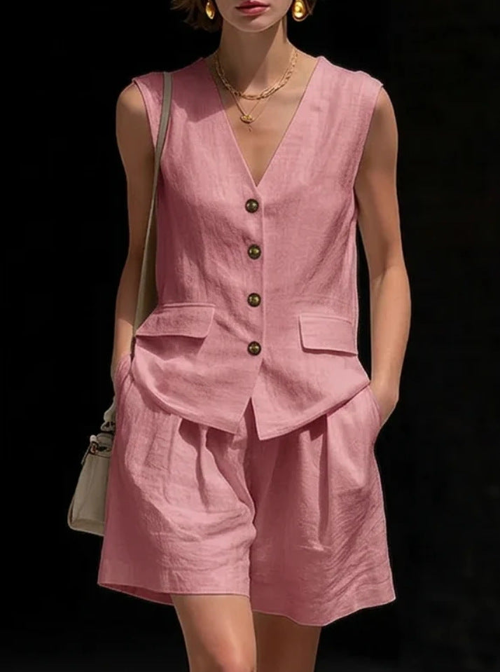 Ensemble Femme Deux Pièces Gilet Sans Manches et Short en Coton-Lin