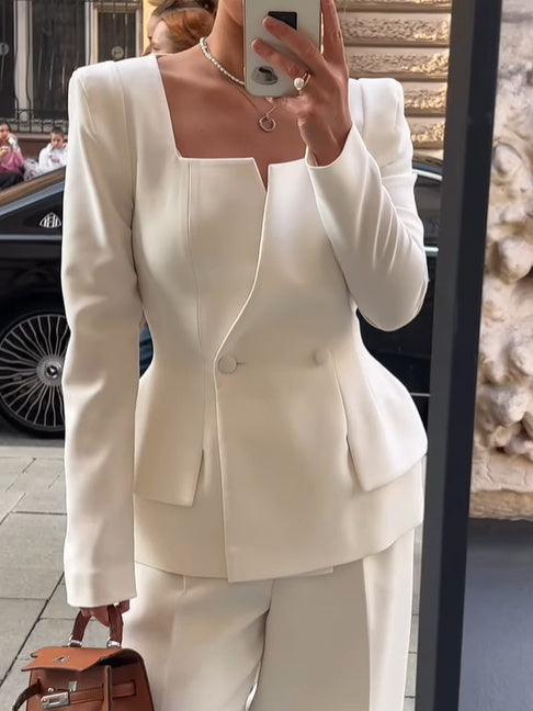 Blazer col carré à deux boutons – Couleur unie & style élégant