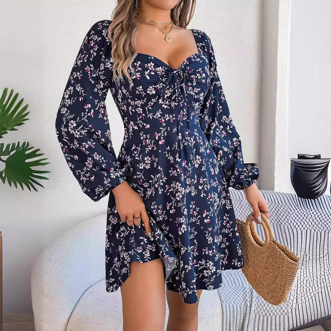 Robe Imprimée Florale Manches Lanternes Col Carré – Style Casual Sexy
