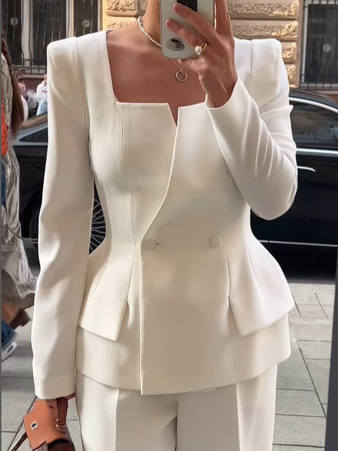 Blazer col carré à deux boutons – Couleur unie & style élégant