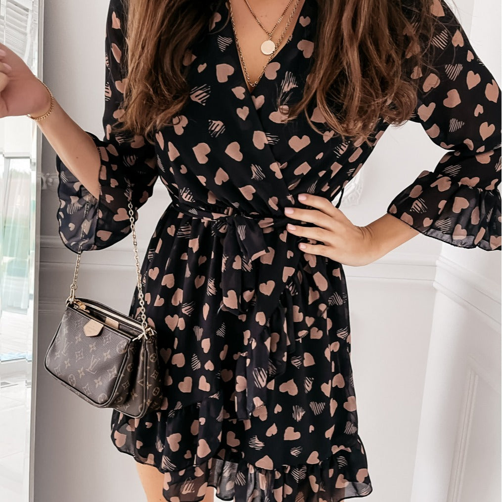 Robe Longue Manches Longues Imprimé Cœur – Style Romantique Femme