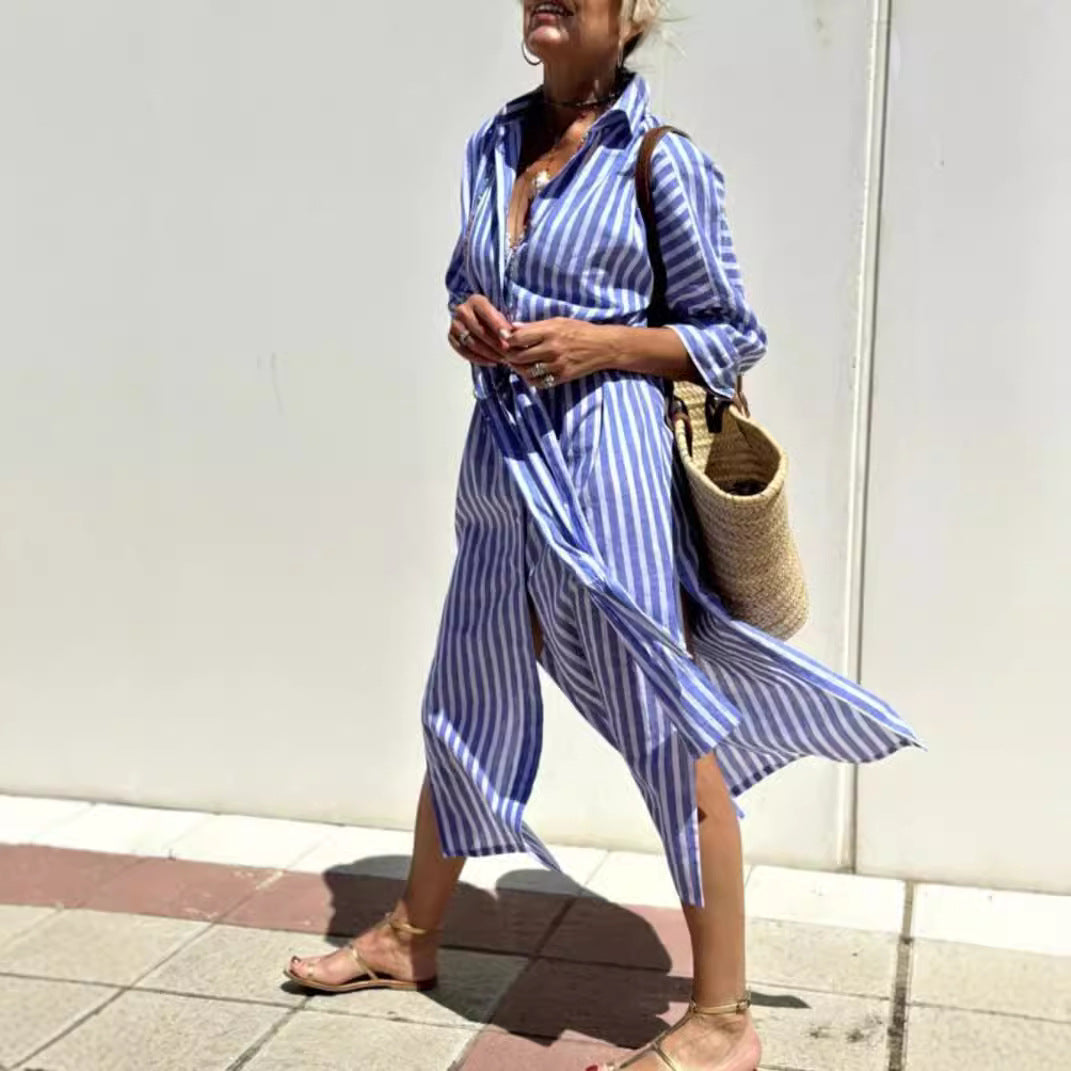 Robe chemise à rayures avec ceinture – Manches mi-longues, revers, boutonnage