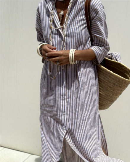 Robe chemise à rayures avec ceinture – Manches mi-longues, revers, boutonnage