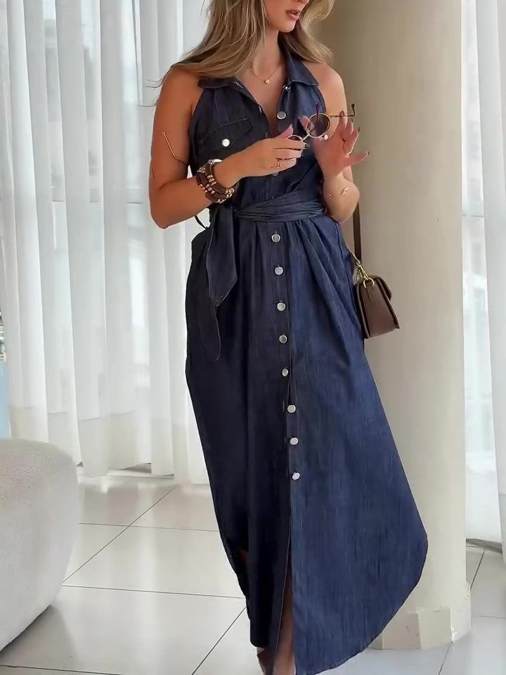 Robe en denim sans manches à lacets – Style casual chic