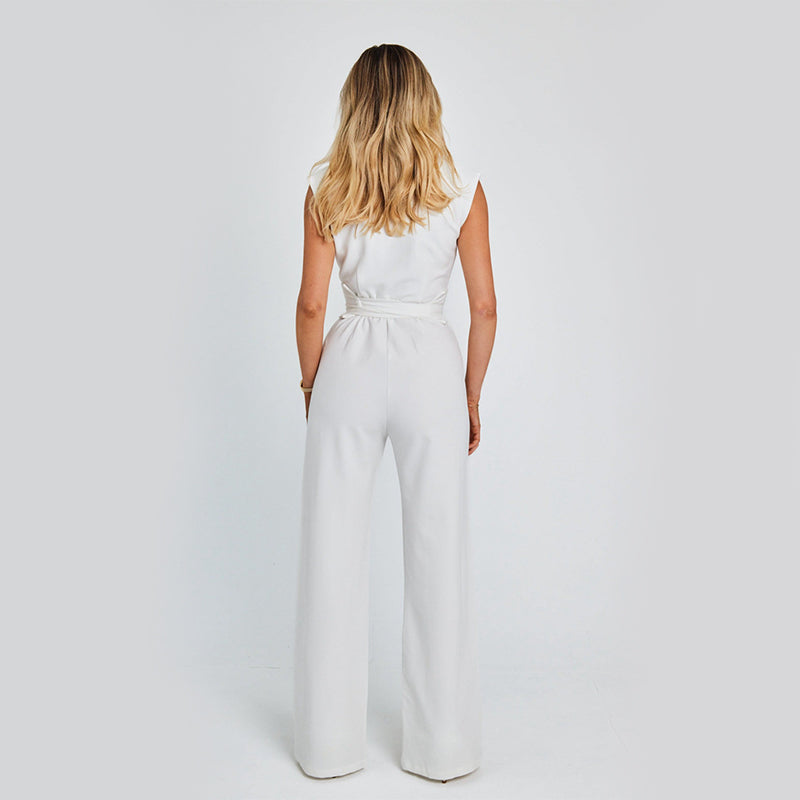 Combinaison longue sans manches femme – Col V, jambes larges, style élégant